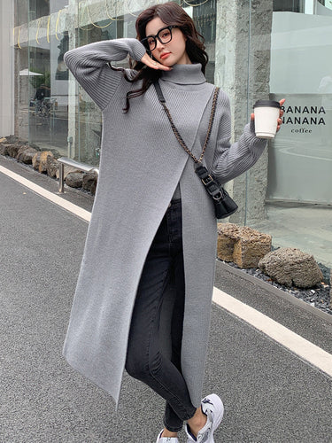 スタイリッシュな長袖スプリットフロントソリッドカラーハイネックセータートップ