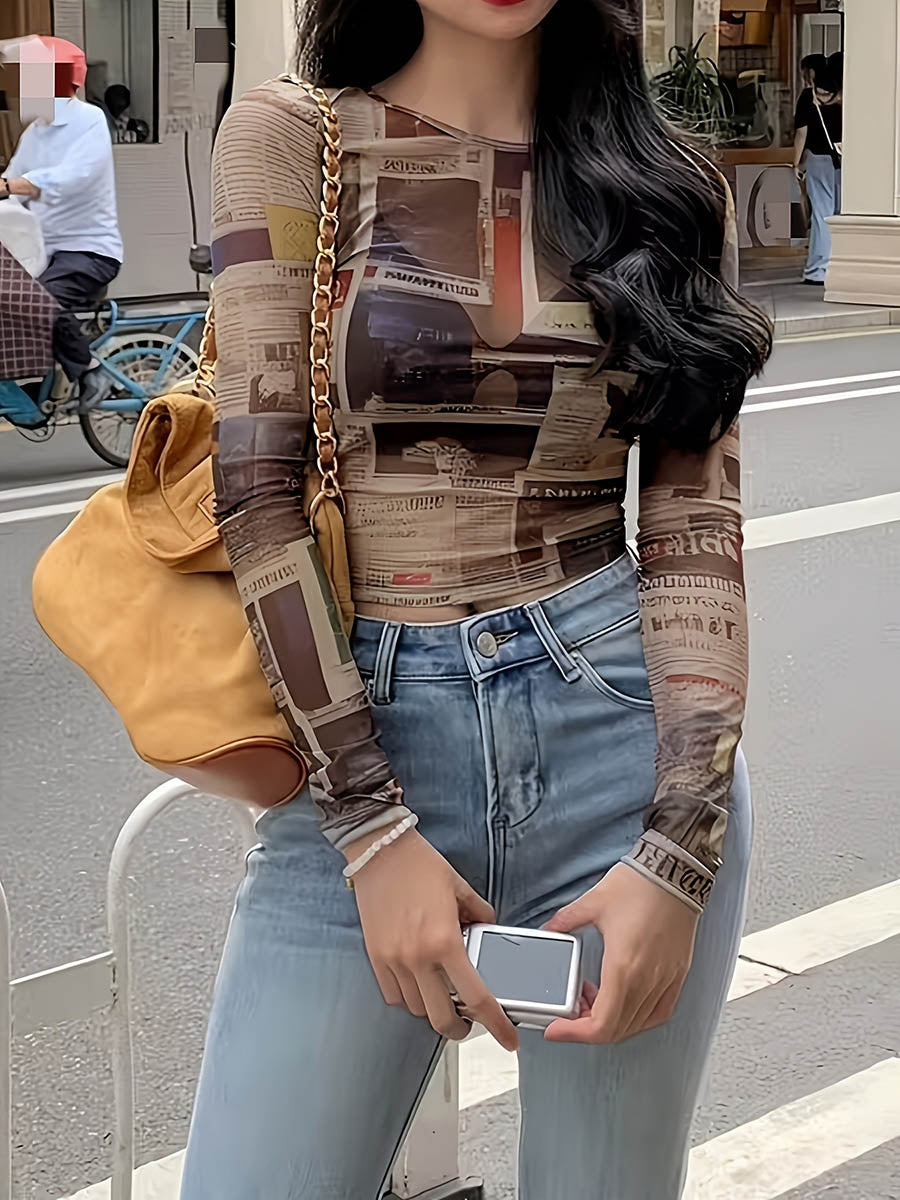 Long Sleeves Skinny Contrast Color Printed Split Joint Round Neck T Sh long-sleeves-skinny-contrast-color-printed-split-joint-round-neck-t-sh