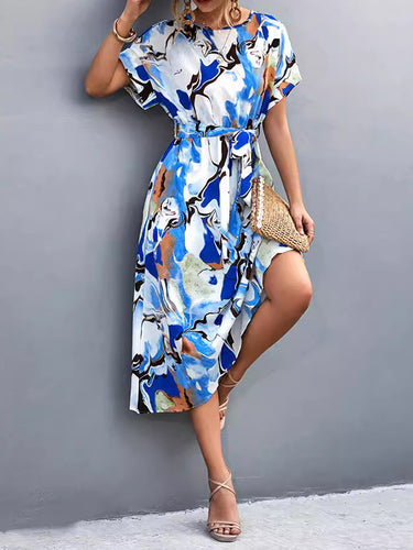 A-line lose hohle gedruckte gebundene Taille rundem Hals Midi-Kleider