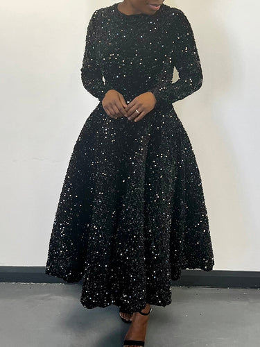 A-Line High Waisted Sequined Split-Joint Zipper Round-Neck Maxi Dresses