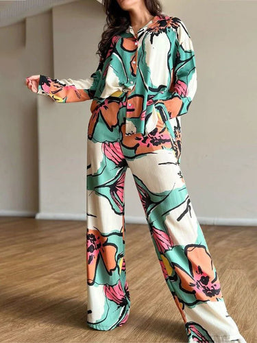 Boulanges à revers boutonné à imprimé fleur Top + taille large hauteur pantalon de jambe large de deux pièces