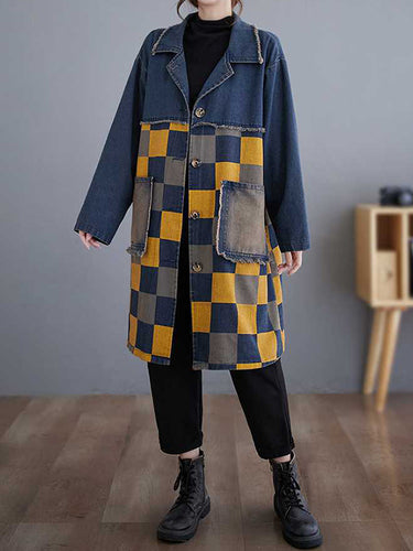 Mangas compridas bolsos xadrezes abotoados com franjas com articulações de colarinho de colar