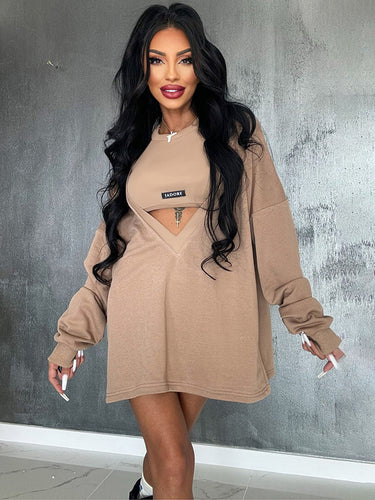 سوء ملون صلب دائري من العنق الفساتين وفساتين أعلى قطعتين