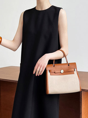 ハイウエストルーズポケットソリッドカラースプリットバックジッパーラウンドネックミディドレス