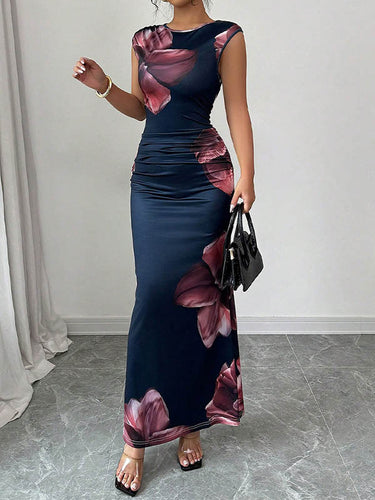 Bodycon sans manches couleurs de couleur fleur imprimer des robes maxi à col rond