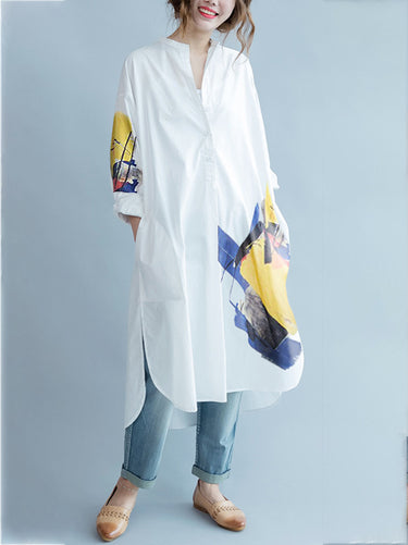 Robe de chemise à manches longues à manches longues à manches longues à manches longues asymétriques blancs