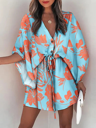 Vestido de mini camisa de contraste de contraste floral solto original