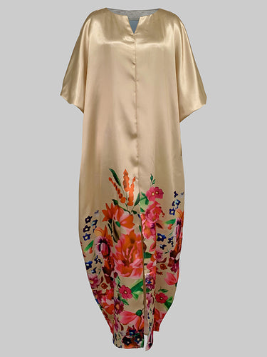 A-line نصف الأكمام مرونة زهرة الطباعة تقسيم الفساتين v-neck maxi