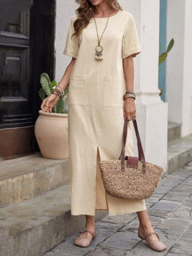 جيوب فضفاضة عالية الخصر سائدة اللون تقسيم الفساتين الدائرية الدائرية