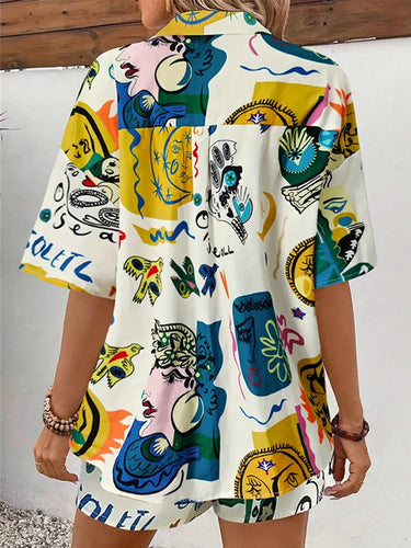Couchés à revers plissés à manches courtes en vrac + Shorts de taille d'élasticité Deux pièces