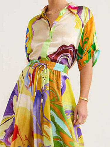 Chemis de revers imprimé asymétrique lâche + jupe d'élasticité à cordon A-Line Two Pieces Set