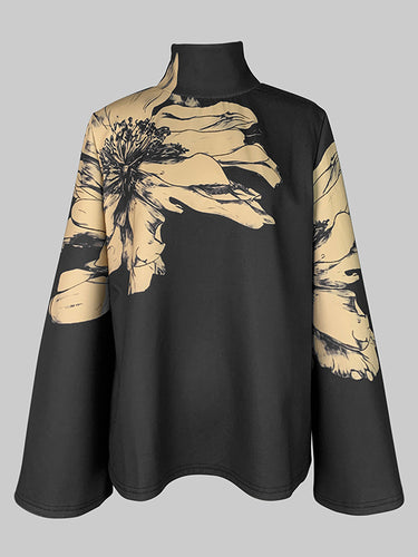 フレアスリーブ長袖フラワープリントハイネックTシャツトップス