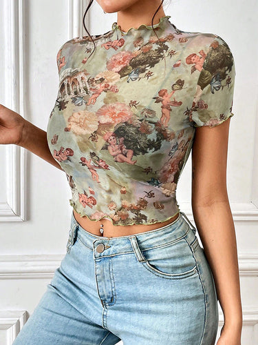 أكمام قصيرة نحيل الشكل زهرة طباعة الكشكش تقليم SEET-SEACH TOPS TOPS TOPS