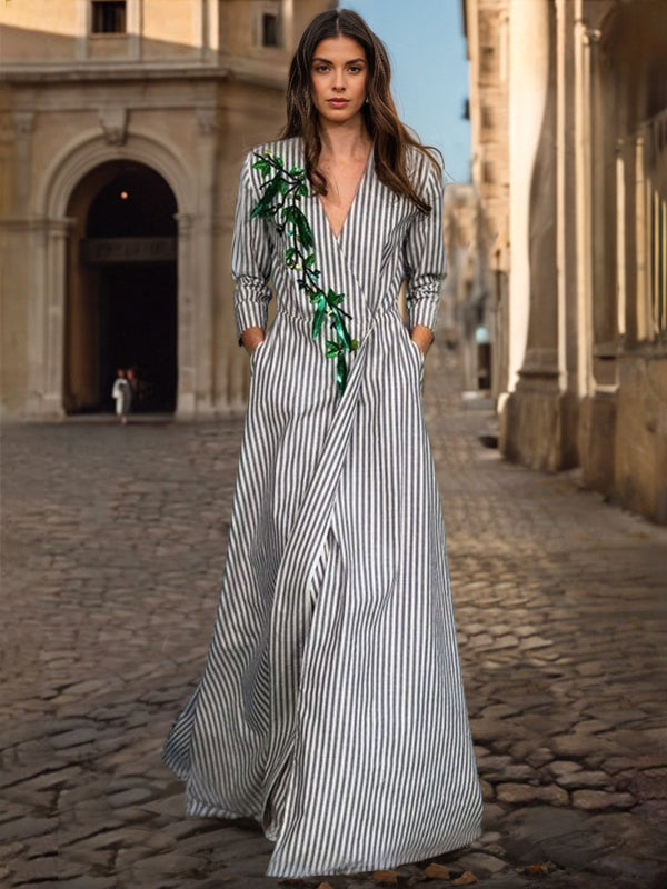 A-Line Loose Asymmetric Split-Joint Striped V-Neck Maxi Dresses Shirt – Uoozee official
