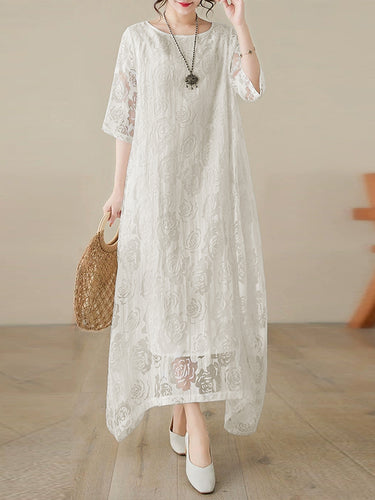 ハーフスリーブルーズガーゼシースルーソリッドカラーラウンドネックマキシドレス