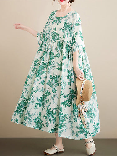 أكمام قصيرة فضفاضة الأزهار مطبوعة مطوية مقسمة مفصل الدائري ثياب ميدي