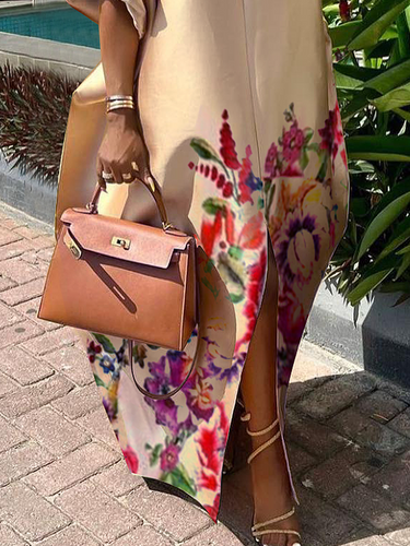 A-line نصف الأكمام مرونة زهرة الطباعة تقسيم الفساتين v-neck maxi