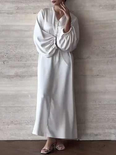 Manches bouffantes en vrac cordon de couleur unie à collier en V Vins maxi robes de chemise robe de chemise