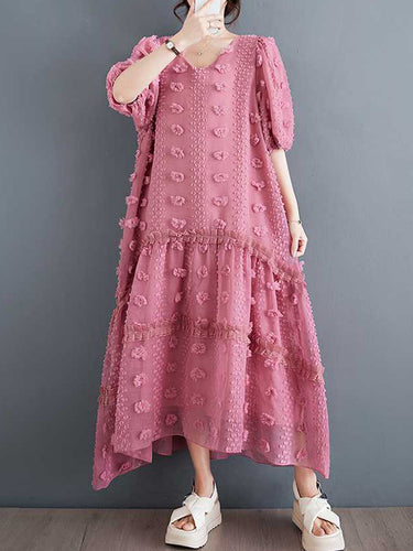 A-line نصف الأكمام مرونة Jacquard صلبة ألوان تقسيم مفصل V-neck midi فساتين