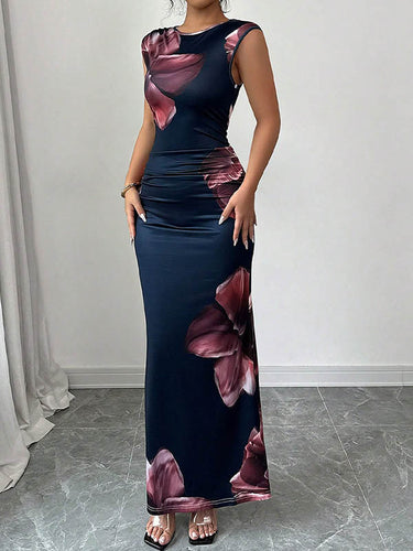 Bodycon sans manches couleurs de couleur fleur imprimer des robes maxi à col rond