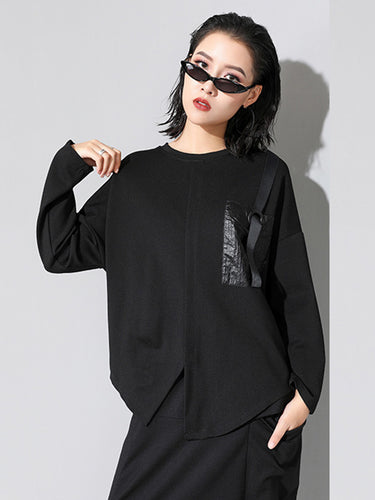 ファッションルーズロングスリーブスプリットフロントラウンドネックTシャツのトップス