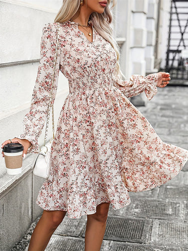 A-LINE Long Sleeves المرونة زهرة طباعة فساتين Midi
