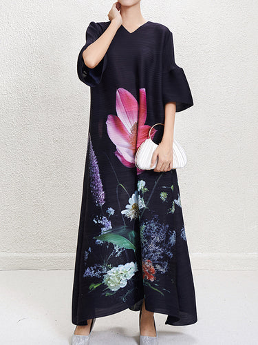 Manches évasées en ligne A-ligne Robes maxi à col en V plissées en V Fleur