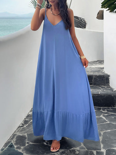 Lose ärmellose plissierte Feste Farbe Spaghetti-Neck Maxi-Kleider