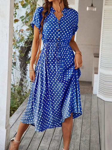 A-Line High Tailled Buttoned Draw String Polka-Punkt V-Ausschnitt Midi-Kleider