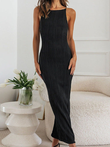 Bodycon sans manches couleurs plissées de couleur unie à dos fendu à fermeture à glissière Spaghetti-neck Robes maxi