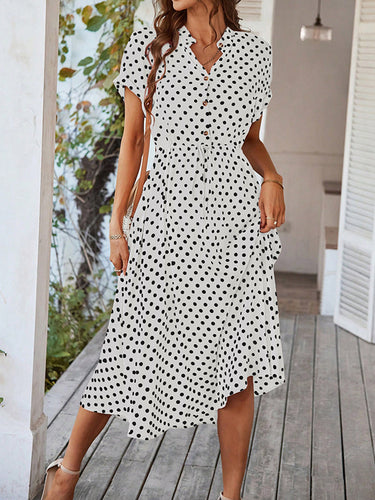 A-Line High Tailled Buttoned Draw String Polka-Punkt V-Ausschnitt Midi-Kleider