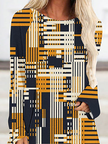 ハイリングロングスリーブ格子縞のプリントラウンドネックTシャツのトップス