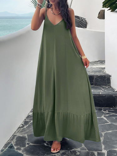 Lose ärmellose plissierte Feste Farbe Spaghetti-Neck Maxi-Kleider