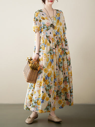 A-line lose florale gedruckte runde Midi-Kleider