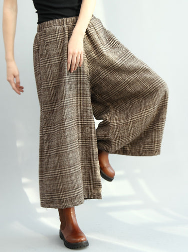 Vintage Lose Wide Bein karierte elastische Taillenhose