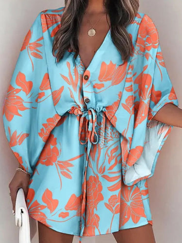 Vestido de mini camisa de contraste de contraste floral solto original