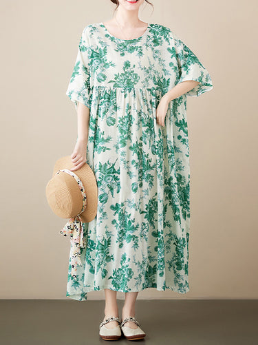 أكمام قصيرة فضفاضة الأزهار مطبوعة مطوية مقسمة مفصل الدائري ثياب ميدي