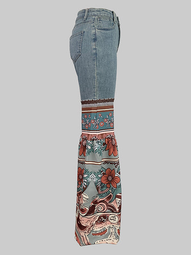 Pantalons évasés Papes à taille haute imprimée Floral Pantalons en jean Bottoms