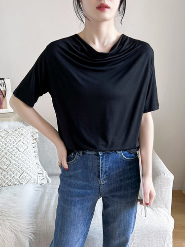 半袖プリーツ固体のヒープカラーTシャツのトップス