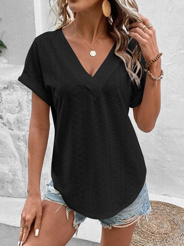 ゆるい半袖中空の固体色スプリットジョイントVネックTシャツ