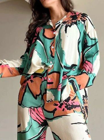 Boulanges à revers boutonné à imprimé fleur Top + taille large hauteur pantalon de jambe large de deux pièces