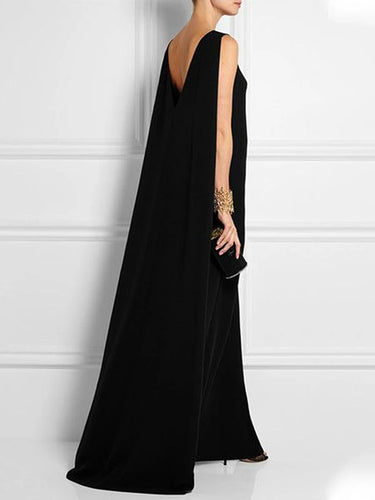 فضفاضة بسيطة اللون الصلب بلا أكمام فستان V-Back Maxi