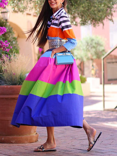 Manches lâches à trois quarts Coumure boutonnée Couleur de revers à rayures Robes midi