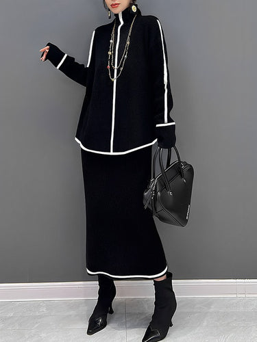 Maniche lunghe a contrasto sciolto top maglione al collo alto