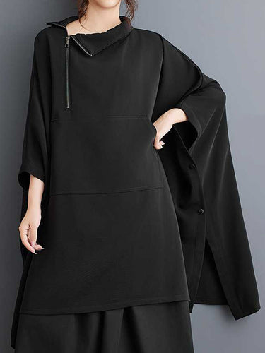 Mangas de batwing bolsas con botones sueltos de color sólido Sweper Mock Sweint Swein Sweatshirt