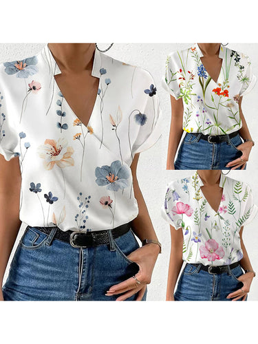 Mangas curtas soltas estampadas florais de junta dividida Bloups & Shirts Tops