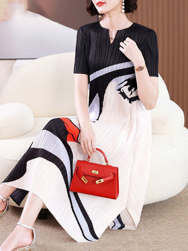 A-Line Lose Figur plissierte V-Ausschnitt Midi-Kleider