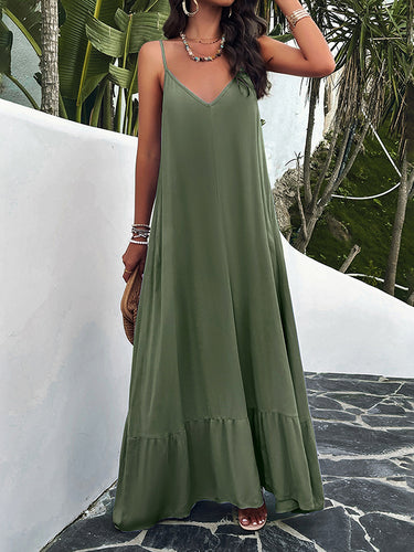 Lose ärmellose plissierte Feste Farbe Spaghetti-Neck Maxi-Kleider
