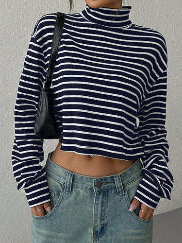 長袖ルーズコントラストカラースプリットジョイントストライプハイネックTシャツトップス