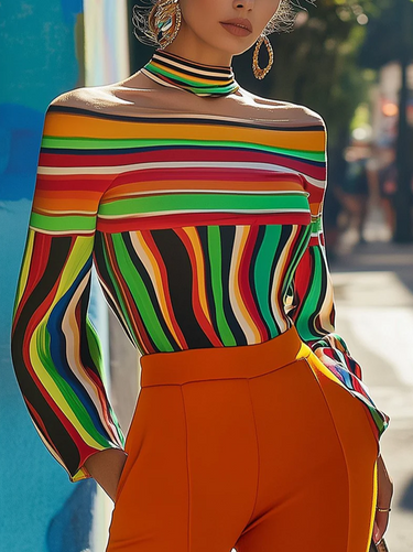 Mangas compridas tops de camisetas listradas de color